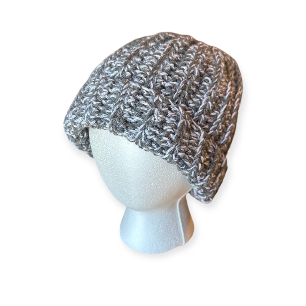 New Handmade Crochet Beanie Fold over Thick Hat Winter Gray and White Confetti